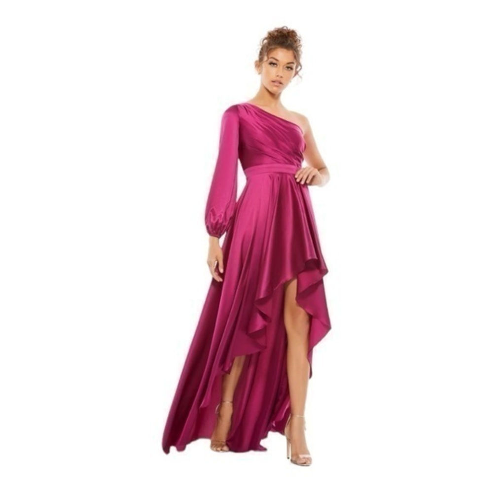 Mac‎ Duggal High Low One Shoulder Flowy Gown Maxi Dress 49141 Berry Size 8 NWT